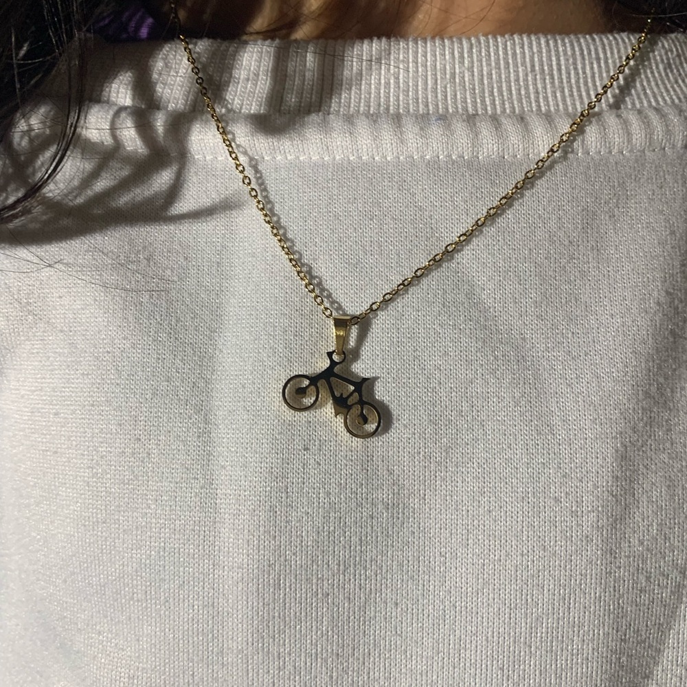 Gold bicycle necklace with earrings, stainless steel gold